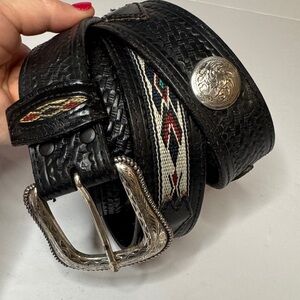Wrangler Western Native American Tooled Leather Belt & Silver Tone Metal Accents